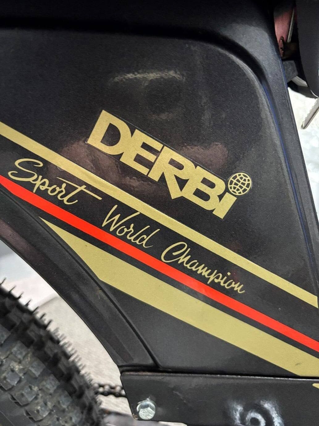 La déco d’origine « Derbi Sport World Champion » sur le cadre